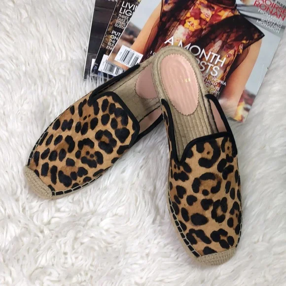 J Crew Calf Hair Leopard Slip On Espadrilles Mules Shoes Flats - Picture 2 of 13